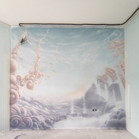фото, процесс росписи стен в детской, Небесный замок